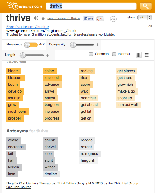 thesaurus.comの「thrive」の類義語一覧の画面